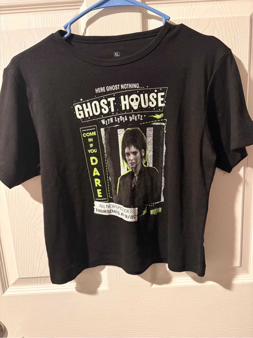 Women's Black 'Ghost House' cropped Graphic Tee with Neon Accents Beetlejuice
